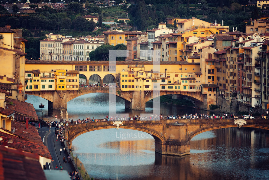 The Ponte Vecchio at sunset, Old Bridge, in Florence, Italy.