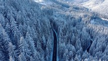 Aerial descending shot of Mountain Road Through The Wintery Forest.