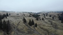 Drone shot of trails through sloping hills in the wilderness with a misty sky.
