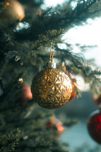 Gold shiny bauble, Christmas tree decorations, decorative glitter ball, festive holidays