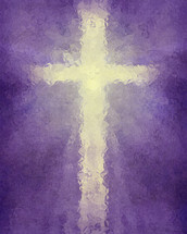 radiant cross on purple with the appearance of being viewed through faceted glass