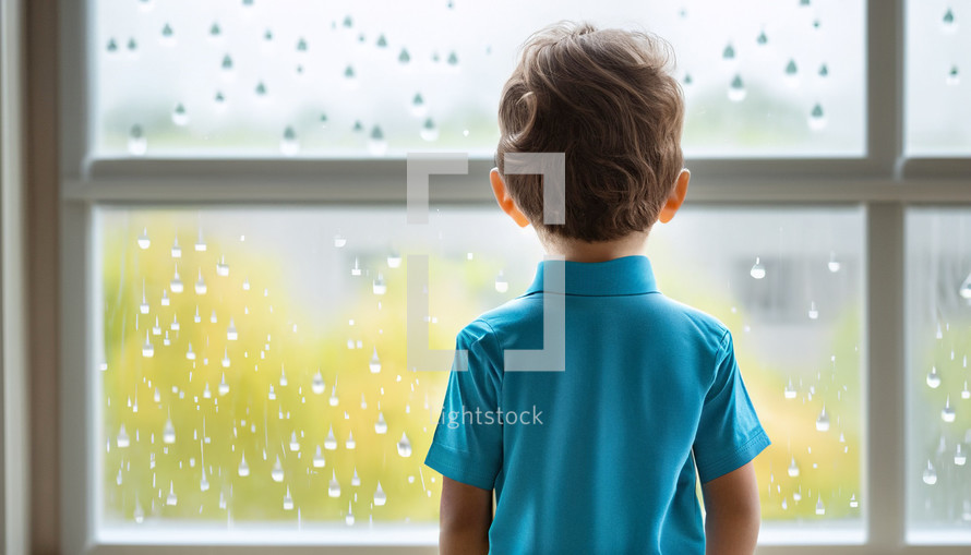 boy, back to camera, standing in front of a window with rain drops 