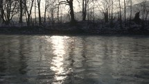 Morning light over river slow motion
