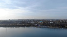 Drone shot of Danube River And Galati City In Romania During Sunset - drone shot
