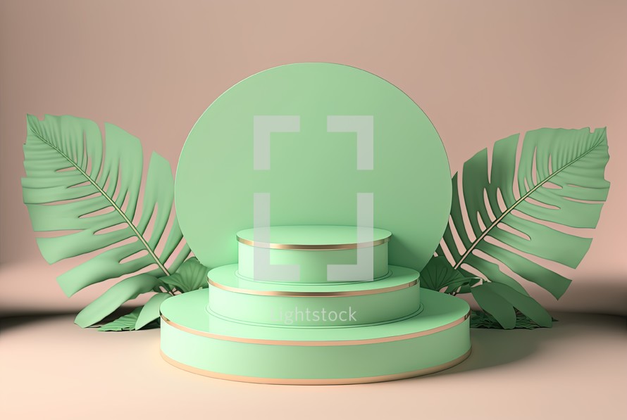 realistic 3d rendering illustration of pastel green podium with leaves around for product scene