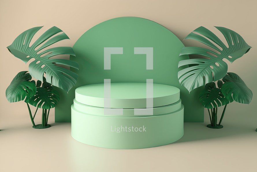 3d realistic illustration of pastel green podium with leaf around for product showcase