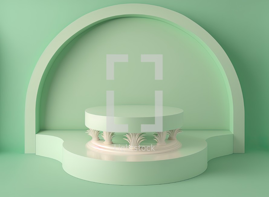 realistic 3d rendering illustration of soft green podium with leaf around for product display