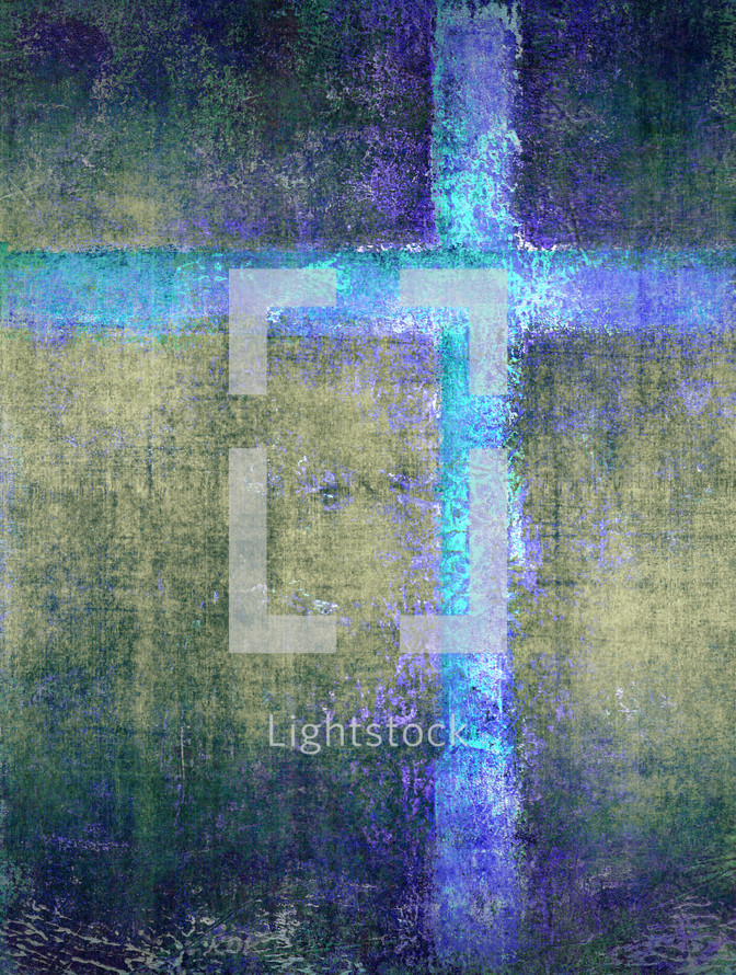 dramatic cross painting in turquoise purple green grunge canvas texture