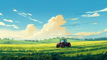 Painted scene of a tractor in the field