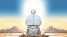 Drawing of the Pope praying sitting in a desert