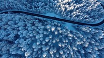 Aerial Drone Shot Of Snowy Forest With Road During Winter.