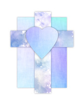 turquoise blue purple white heart cross panel, cutout watercolor shapes