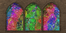 wall of multicolored stained glass and three arches with shadows