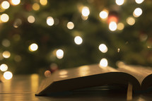 Bible and Christmas tree lights 