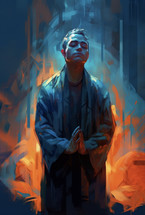 A painting of a young man praying with a warm glow emanating from behind