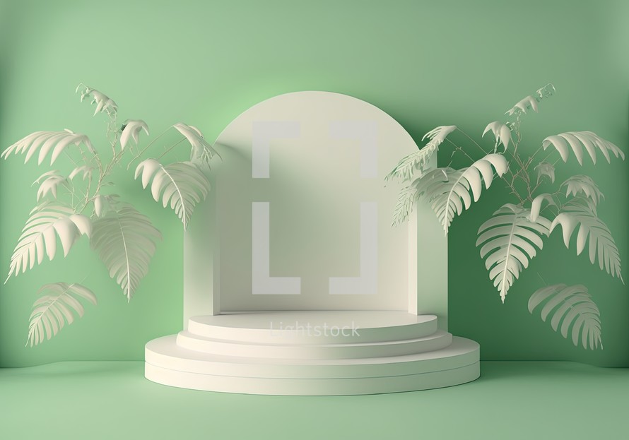 3d realistic illustration of pastel green podium with leaf around for product podium