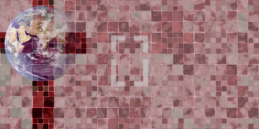 bubble-like earth sphere over red tile cross in old tile mosaic