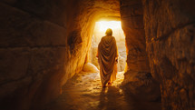 Jesus walks out of the tomb. He is risen. The Passover story
