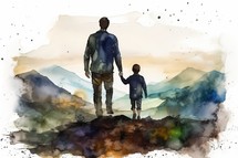 Watercolor Art Father and Son Holding Hands