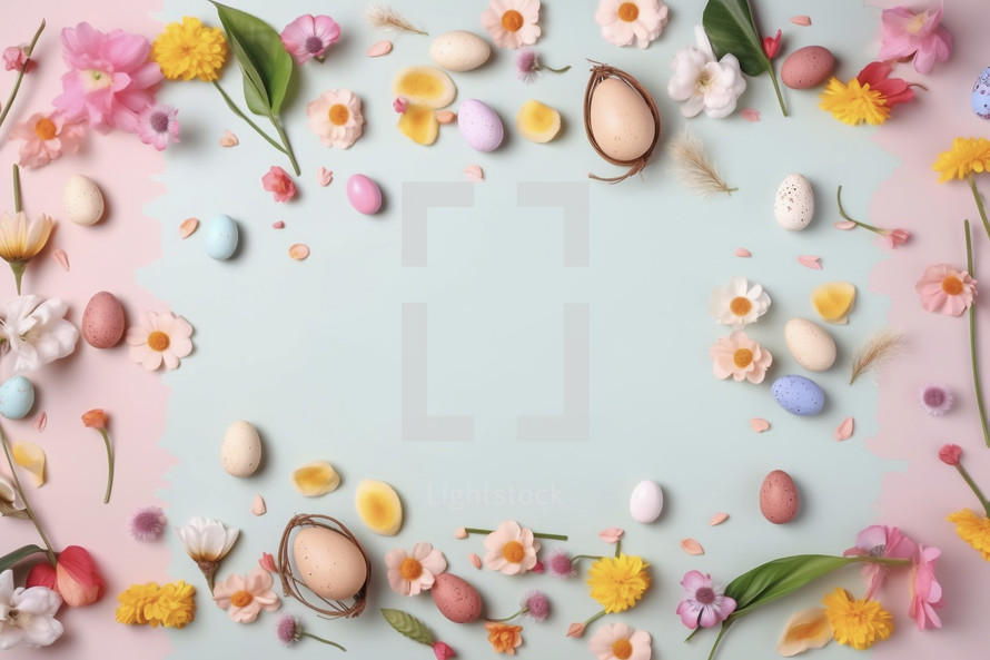 Easter egg elements arranged in a frame and shot from above