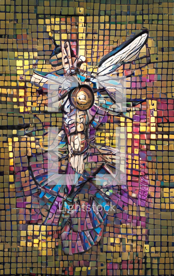abstract crucifixion in mosaic form, created with AI input and further editing