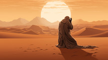 Person in a desert prays towards the East at dawn