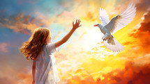 young child welcoming the dove of peace 