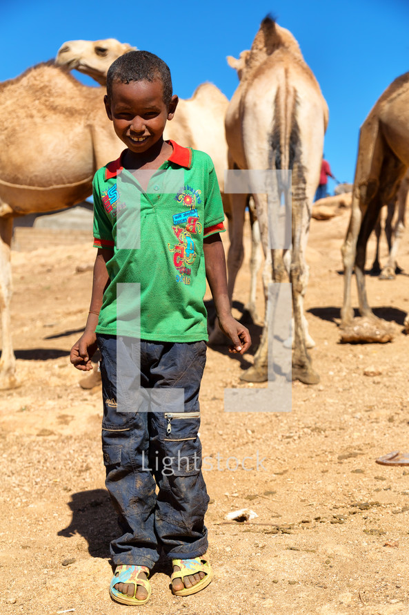 a boy in Ethiopia with camels 