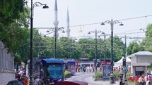 Turkey Istanbul, May 2023. Hagia Sofia Istambul, Turkey. Tram and pedestrians passing by.
