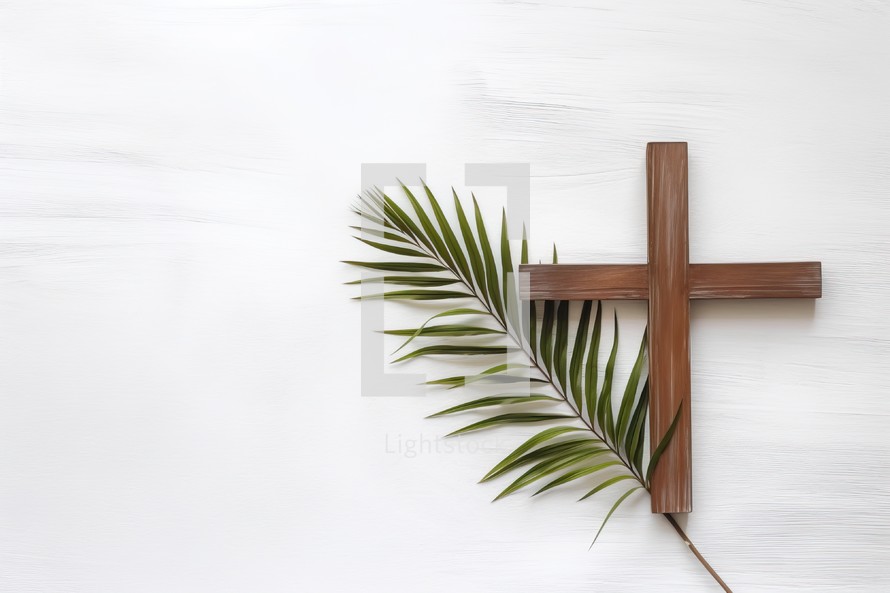 Wooden Cross and Palm Leaf on White Textured Background