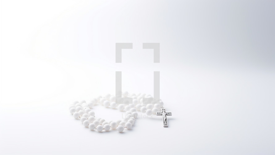 Rosary white background with crucifix, copy space