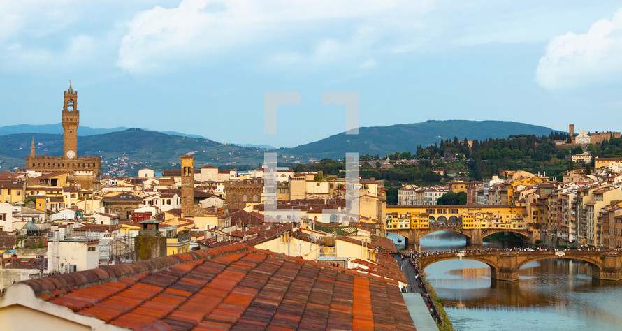 View over Florence with the Ponte Vecchio and Palazzo Vecchio, Italy.