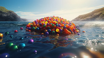 AI Generated Image. Many colorful balls falling and flowing on a water surface of the pond