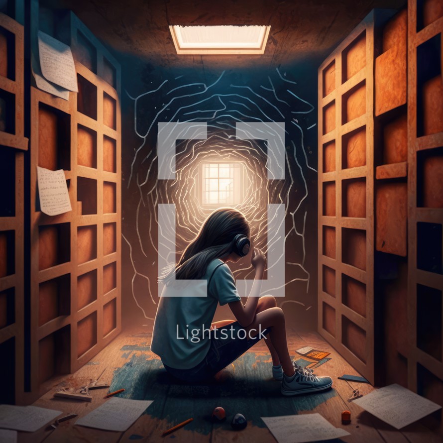 Girl sits in a surreal library, engrossed in music that transforms her surroundings