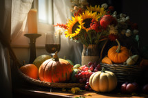 AI generative images. Still life image with pumpkins, flowers and candles on a table. Thanksgiving concept