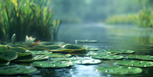 Lily pads rest on a still lake ."Be still, and know that I am God"