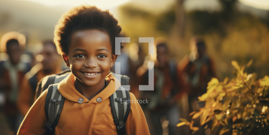 Back to school concept. Portrait of african school boy with backpack on the way to school.