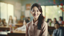 Portrait of a young female asian teacher with classroom in the background.