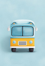 Illustration of a cute, vintage-style school bus with a blue and yellow color scheme on a light blue background, evoking a nostalgic and cheerful back-to-school vibe.