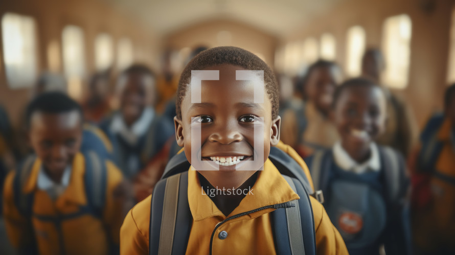 Back to school concept. Portrait of african school boy with backpack in school environment.
