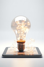 Glowing light bulb and tablet. Learning or education concept.