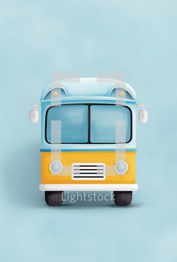 Illustration of a cute, vintage-style school bus with a blue and yellow color scheme on a light blue background, evoking a nostalgic and cheerful back-to-school vibe.