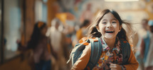 Back to school concept. Portrait of asian school girl with backpack in school environment.