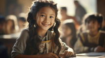 Back to school concept. Portrait of asian school girl sitting classroom.