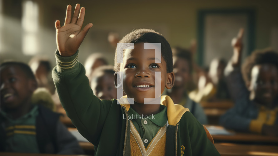Back to school concept. Portrait of african school boy raising hand in classroom.