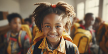 Back to school concept. Portrait of african school girl with backpack in school environment.