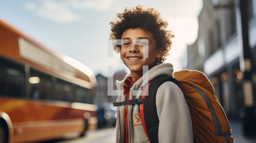 Back to school concept. Portrait of student with backpack in school environment.