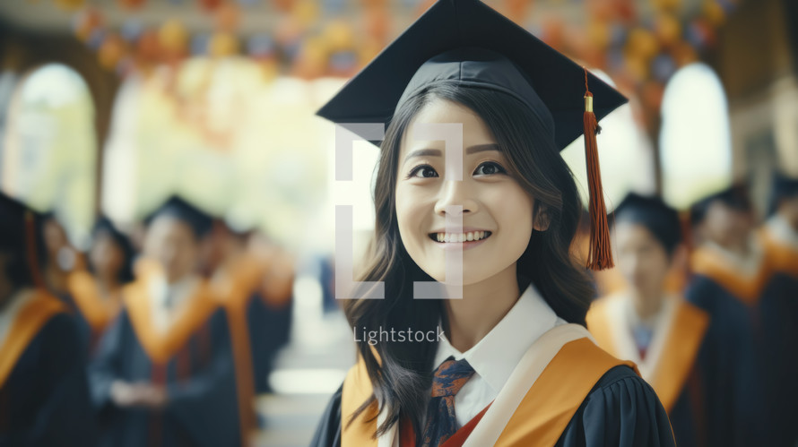Study education concept. Portrait of female asian student with hat of graduation.
