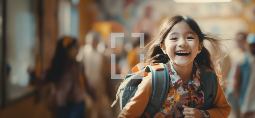 Back to school concept. Portrait of asian school girl with backpack in school environment.