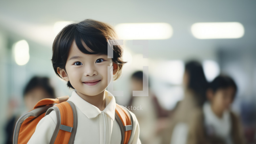 Back to school concept. Portrait of asian school boy with backpack in school environment.
